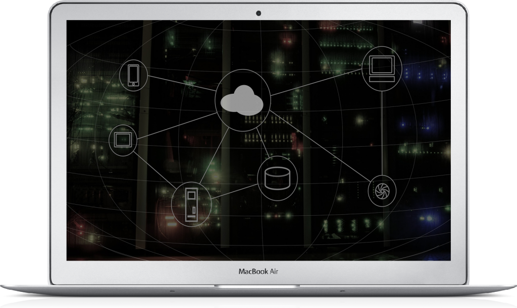 Macbook Air laptop showing a cloud network map between electronic devices on the screen