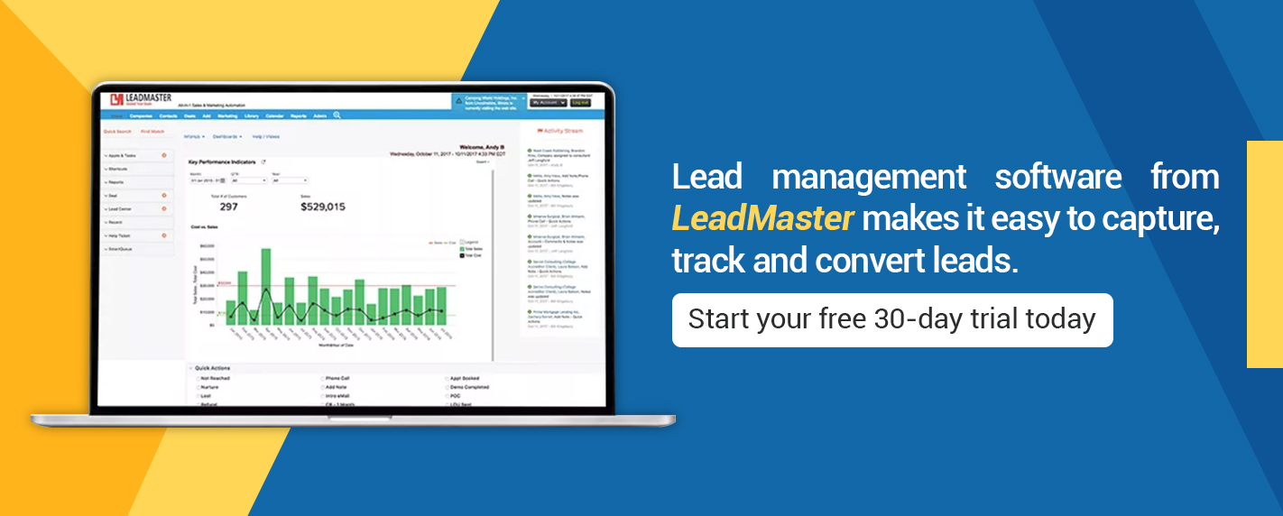 Graphic to start your free 30-day trial for LeadMaster with a laptop showing a bar graph