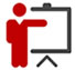 Red stick figure standing in front of a projector screen while pointing to it