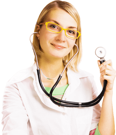 Millennial woman with blonde hair wearing yellow glasses holding a stethoscope