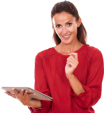 Millennial woman with brown hair wearing a red blouse holding a tablet in one hand