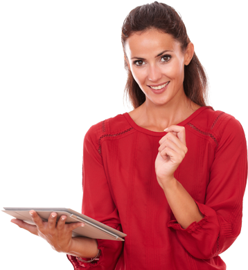Millennial woman with brown hair wearing a red blouse holding a tablet in one hand